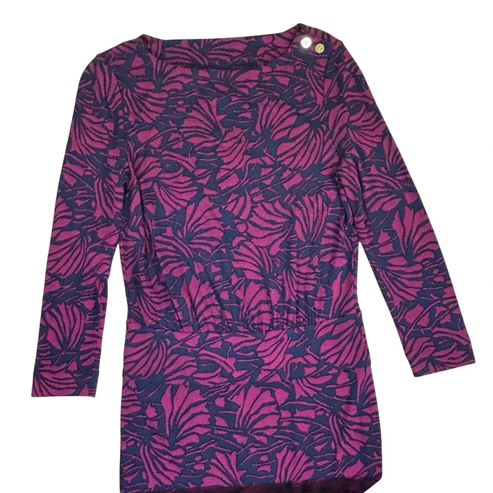Tory Burch Etta Blouson Dress Berry Navy Floral Print Gold Logo Buttons Sz Small
